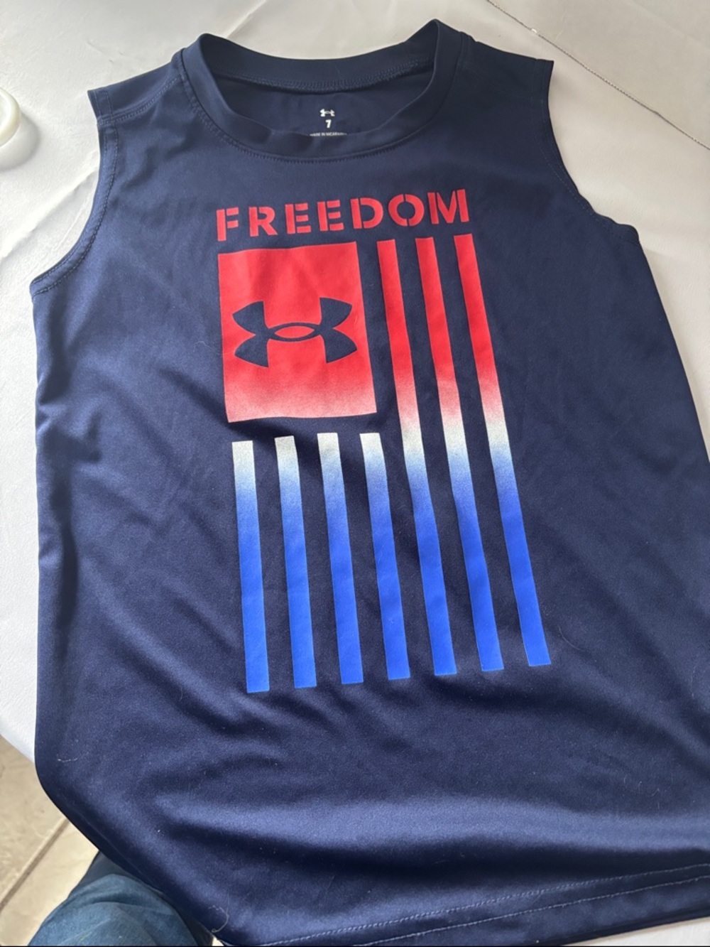 Under Armour Navy Tank with Red and Blue Freedom Graphic